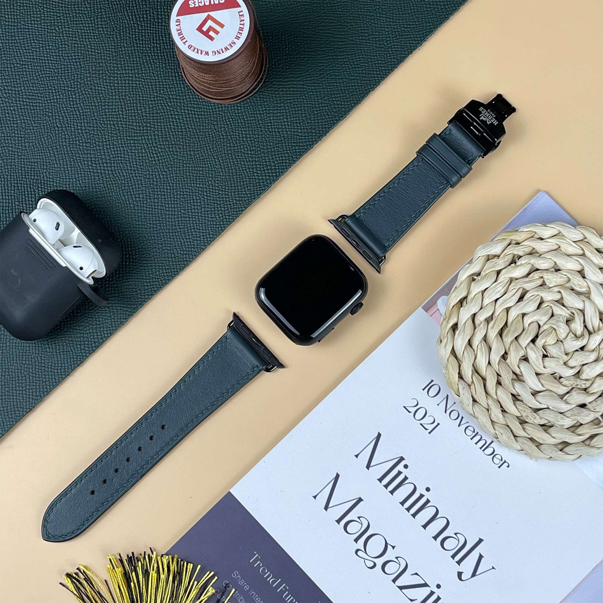 Dây đeo đồng hồ Swift bằng da dành cho Apple Watch và đồng hồ cơ - Màu xanh rêu SW2212