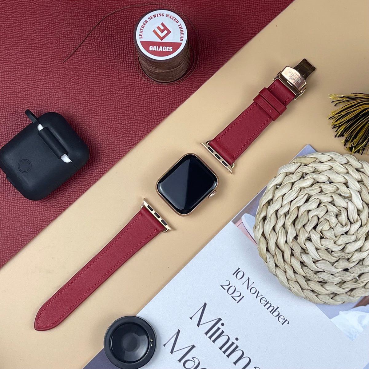 Dây đeo đồng hồ Swift bằng da dành cho Apple Watch, đồng hồ cơ - Màu đỏ rượu vang SW2210