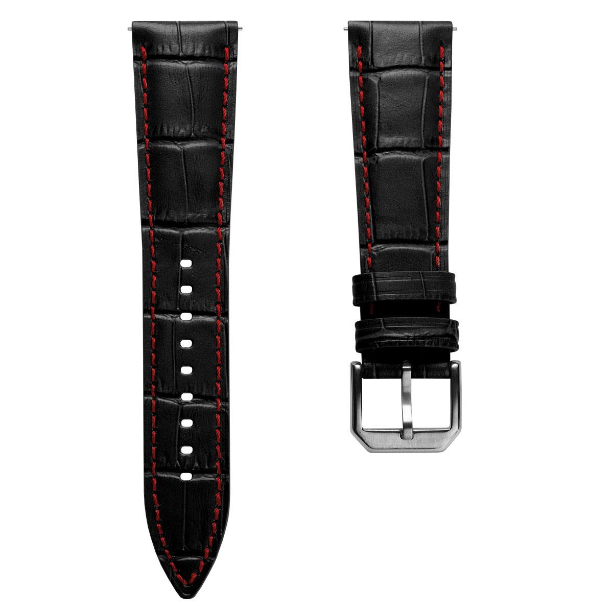 Vòng tay de montre en cuir véritable avec họa tiết cá sấu Carolina - Noir avec surpiqûres rouges