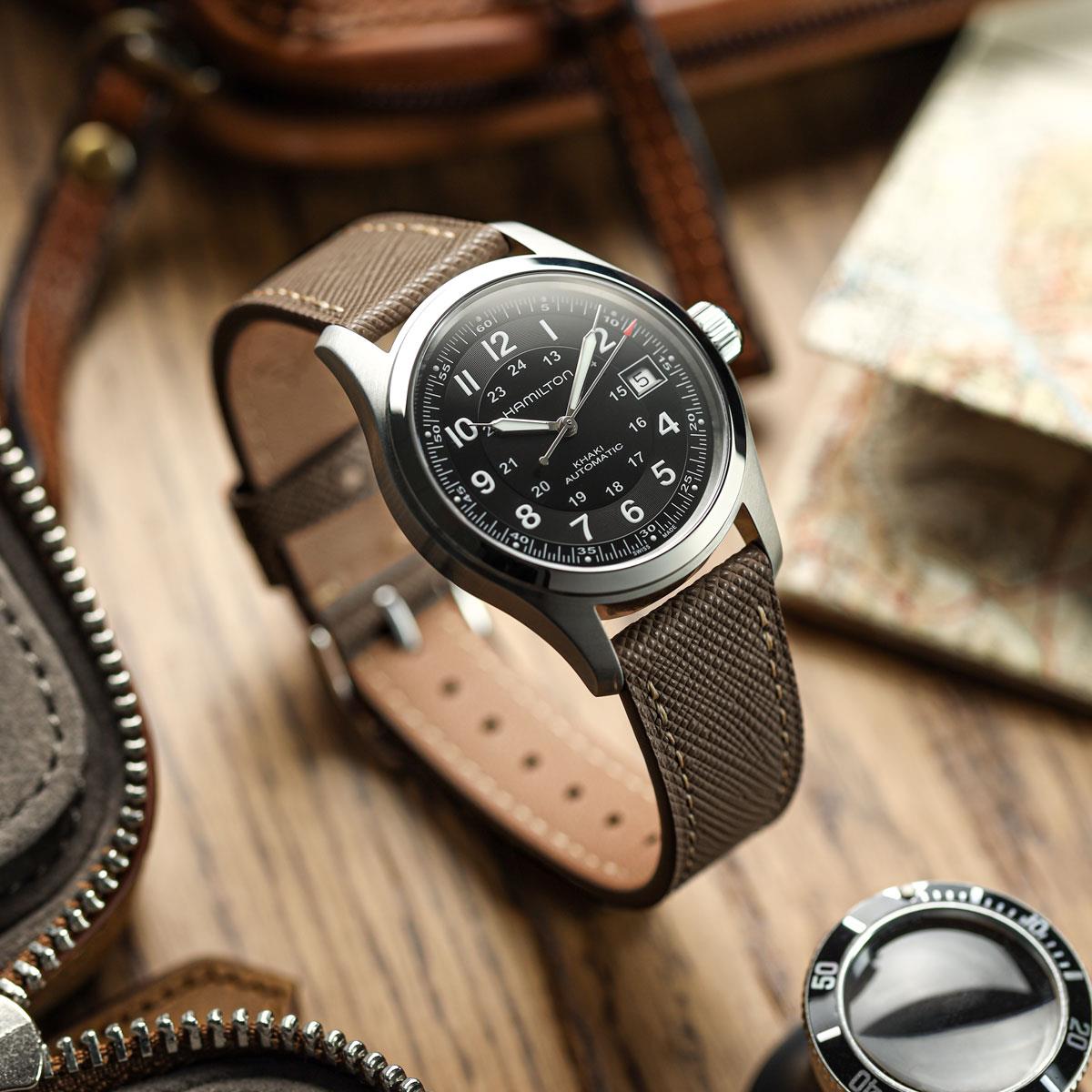 Vòng tay pour montre en cuir saffiano Brixham marron élégante et bền