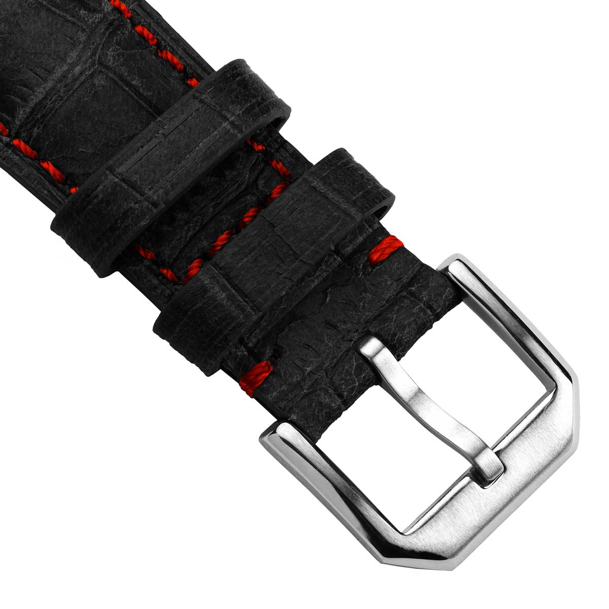 Vòng tay de montre en cuir véritable avec họa tiết cá sấu Carolina - Noir avec surpiqûres rouges