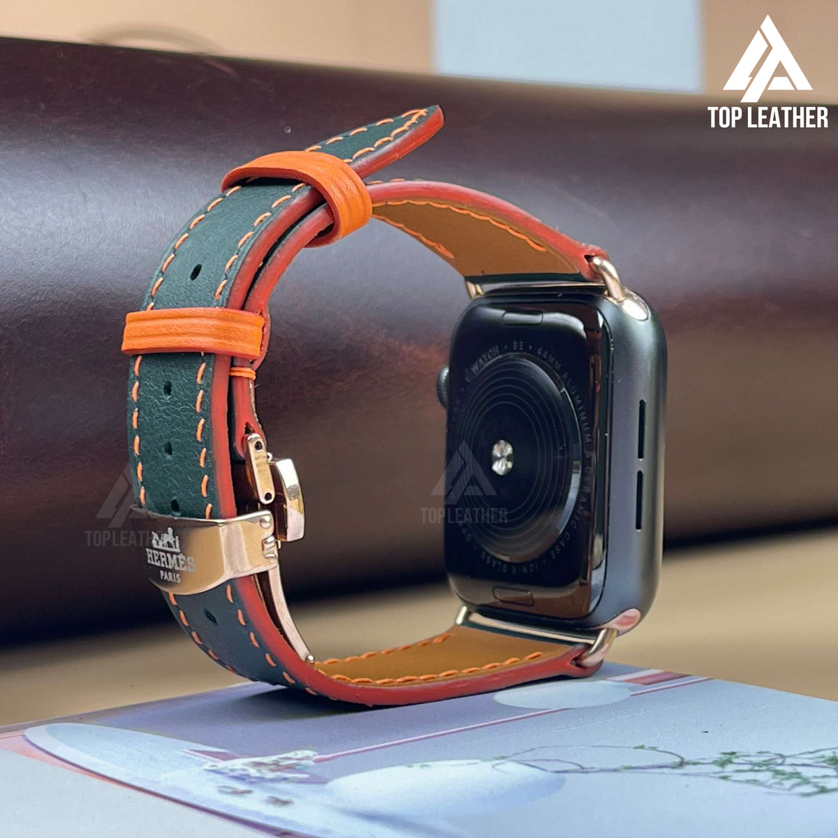 Dây đeo đồng hồ Swift bằng da dành cho Apple Watch, đồng hồ cơ - Màu xanh rêu pha chỉ cam SW12.33