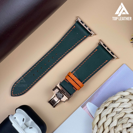 Dây đeo đồng hồ Swift bằng da dành cho Apple Watch, đồng hồ cơ - Màu xanh rêu pha chỉ cam SW12.33