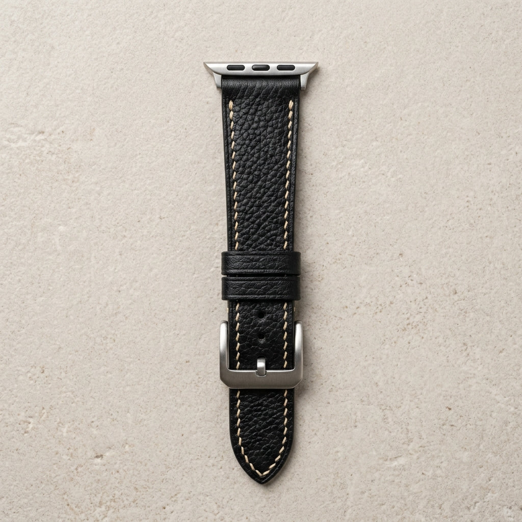 Dây Da Bò Mill Hạt Apple Watch Khâu Chỉ Kem — Đen Noir — 01 Hero Flatlay Studio 90°