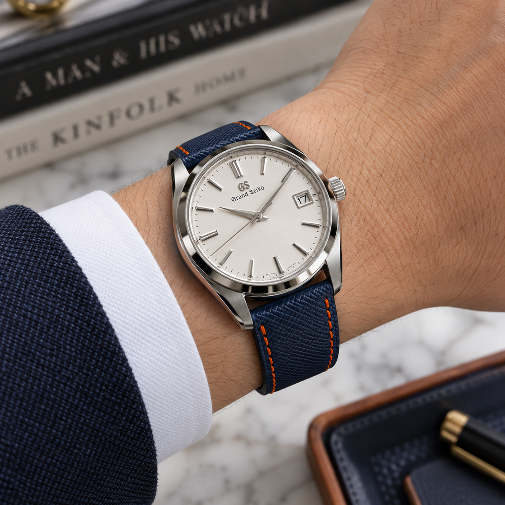 Dây đồng hồ da epsom màu xanh navy mix chỉ cam đỉa cam — 03 ON-WRIST