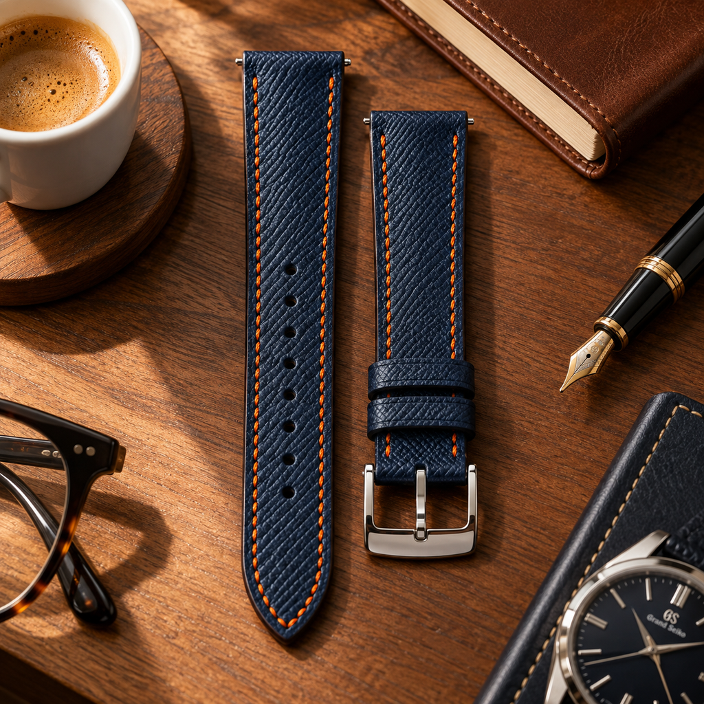Dây đồng hồ da epsom màu xanh navy mix chỉ cam đỉa cam — 04 LIFESTYLE