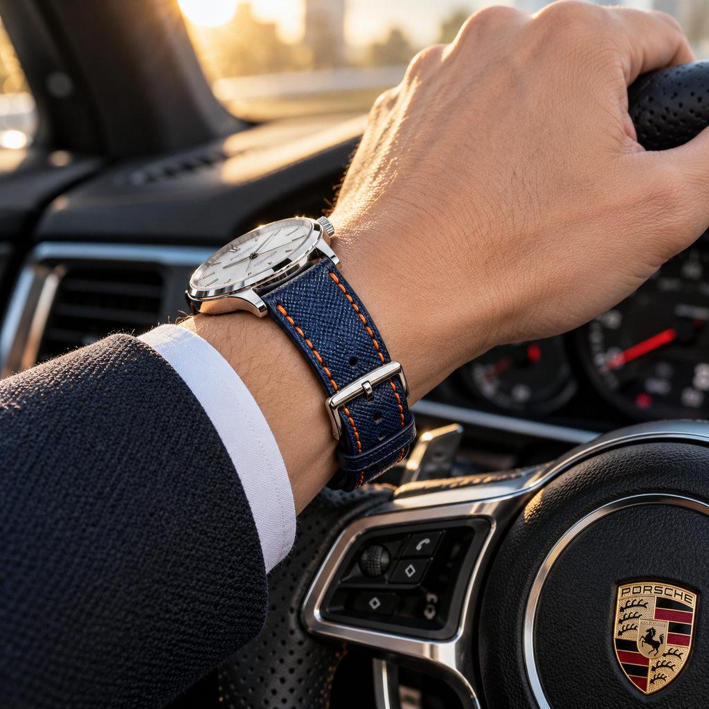 Dây đồng hồ da epsom màu xanh navy mix chỉ cam đỉa cam — 06 ON-WRIST LUXURY STEERING