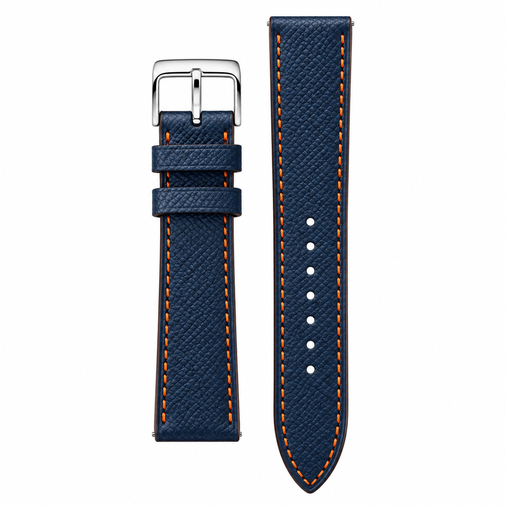 Dây đồng hồ da epsom màu xanh navy mix chỉ cam đỉa cam — 01 HERO