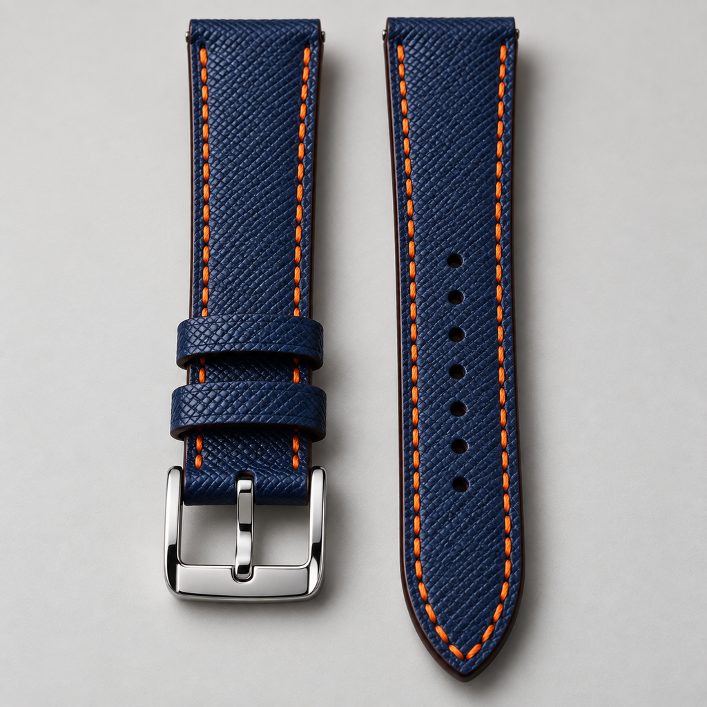 Dây đồng hồ da epsom màu xanh navy mix chỉ cam đỉa cam — 02 MACRO
