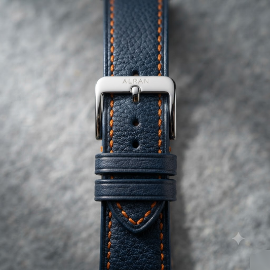 Alran Sully Deep Navy — Racing Orange Contrast Stitch — Macro Stitch & Grain