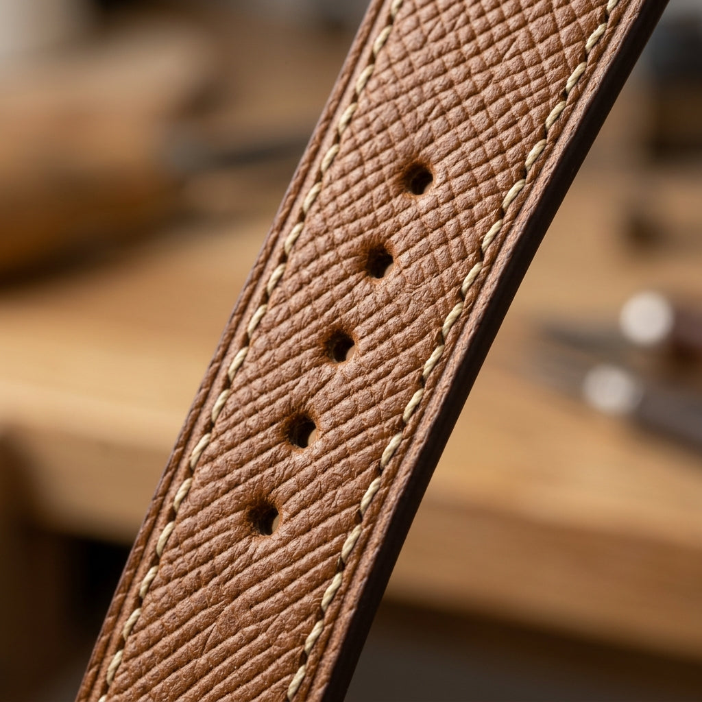 Dây Da Epsom Apple Watch Chỉ Kem Signature — 02 Macro Thớ Vân Da & Mũi May Chỉ Kem