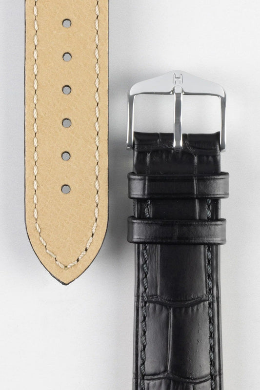 Dây đeo đồng hồ Hirsch DUKE bằng da cá sấu dập nổi, khóa nhanh, màu đen.