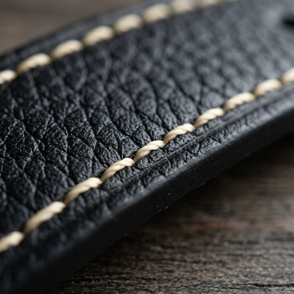 Dây Da Bò Mill Hạt Cao Cấp — Đen Noir Khâu Chỉ Kem Tương Phản — 02 MACRO — Artisanal Detail & Texture