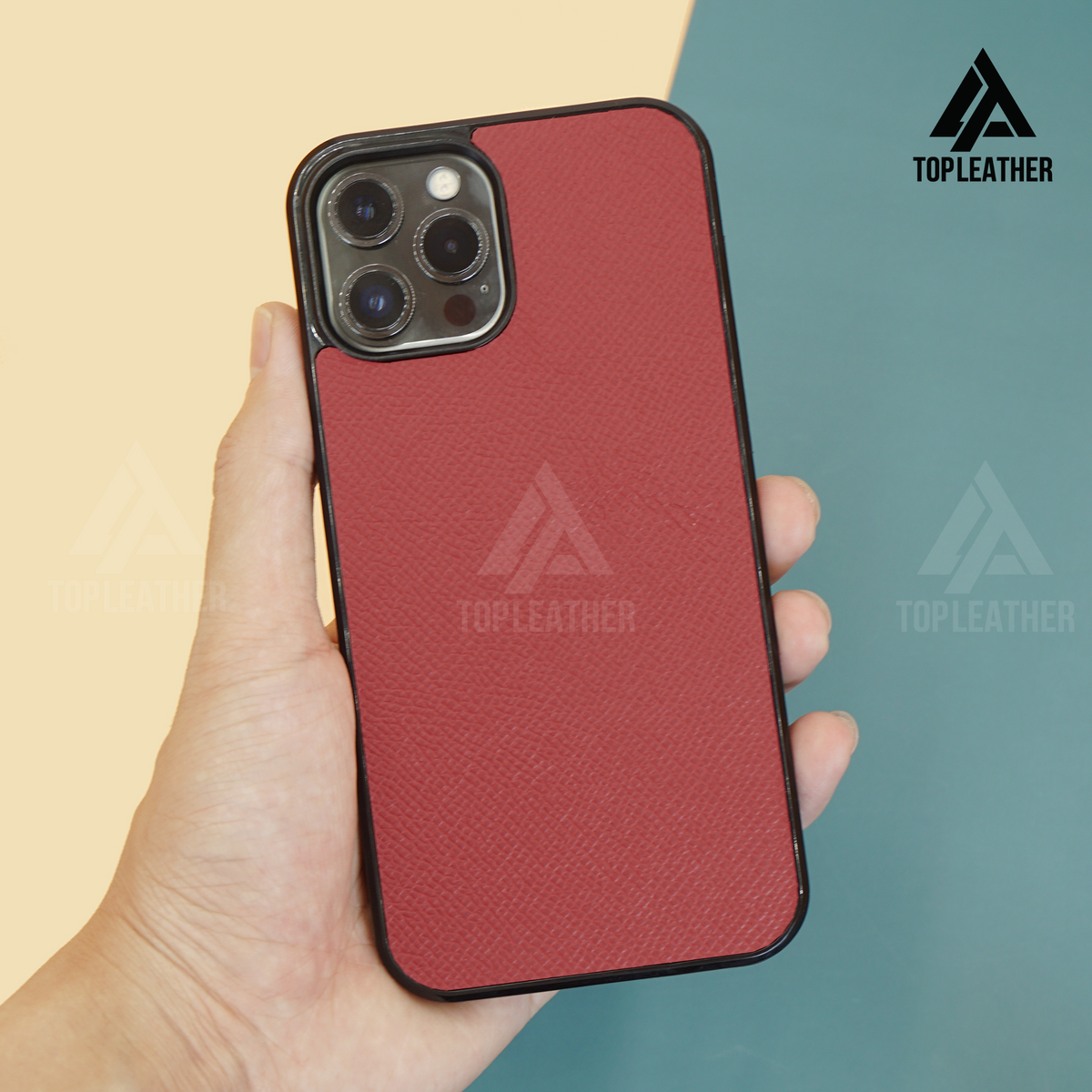 Ốp lưng điện thoại bằng da Epsom cho iPhone 11 12 13 14 Pro/Promax - Màu đỏ rượu vang