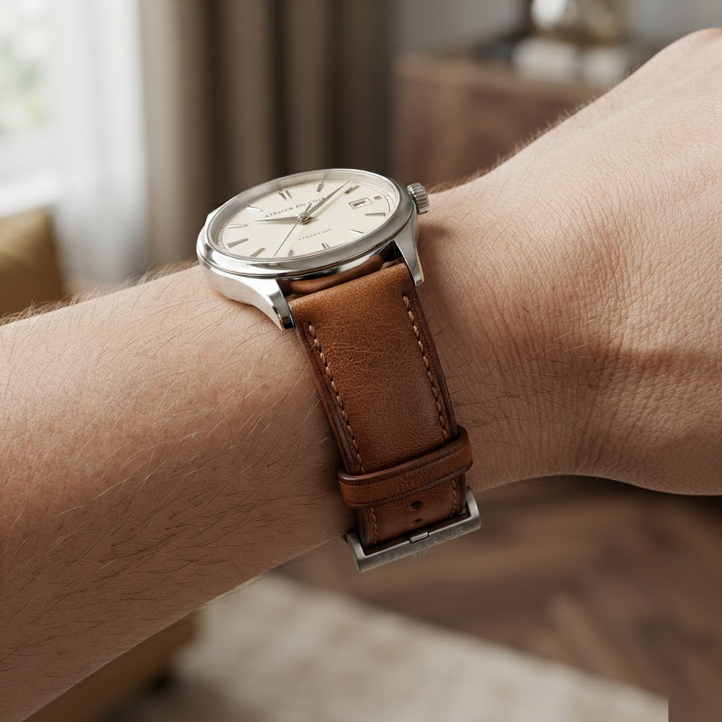 Dây Da Barenia Nâu Hạt Dẻ Khâu Chỉ Trắng — On-Wrist
