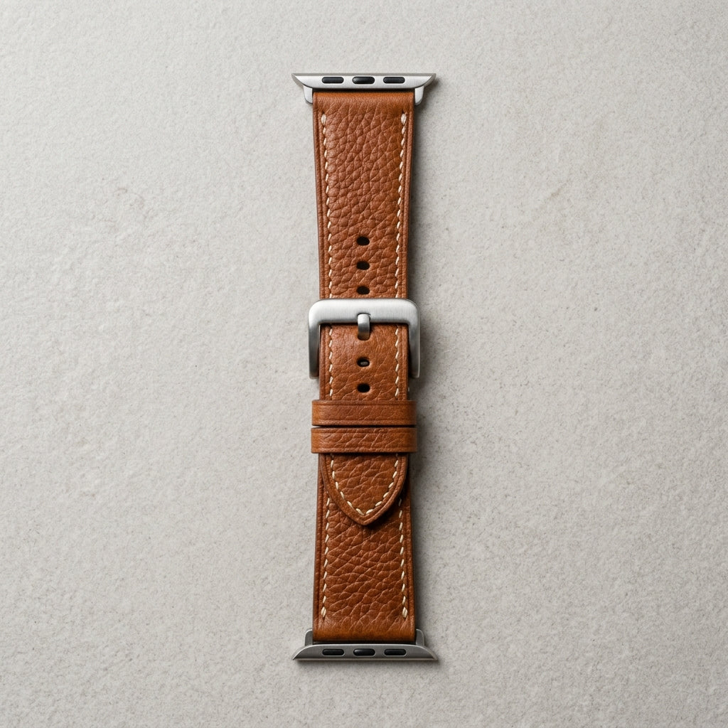 Dây Da Bò Mill Hạt Apple Watch Khâu Chỉ Kem — Nâu Bò Saddle Tan — 01 Hero Flatlay Studio 90°