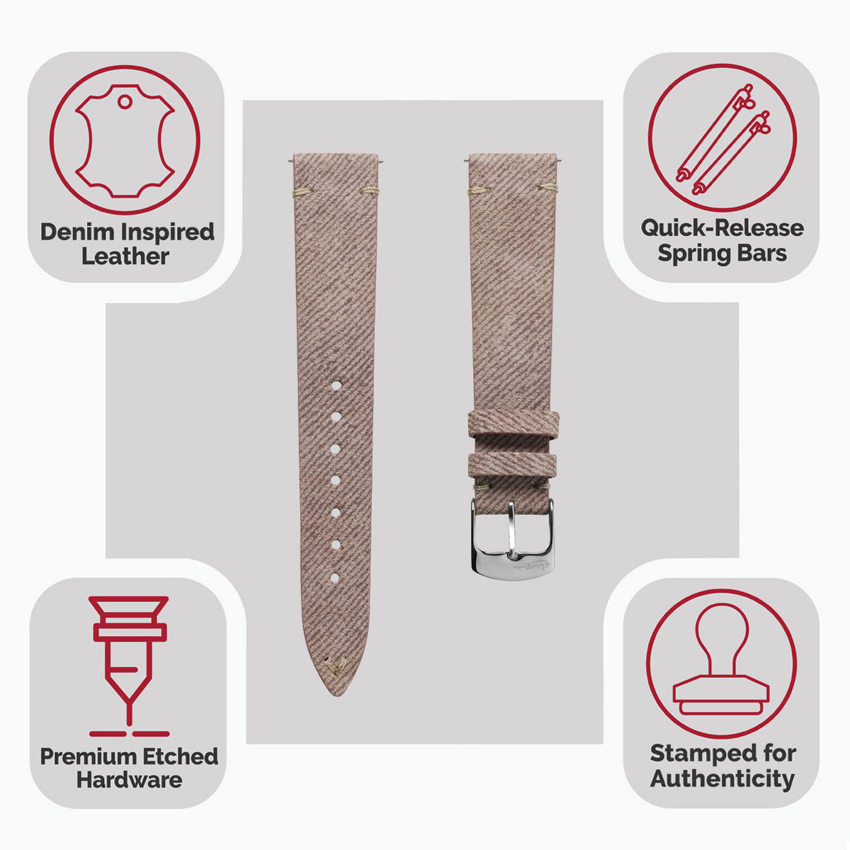 Dây đeo đồng hồ Arbour V-Stitch bằng vải denim và da thật, máy quartz, điểm nhấn màu hồng.