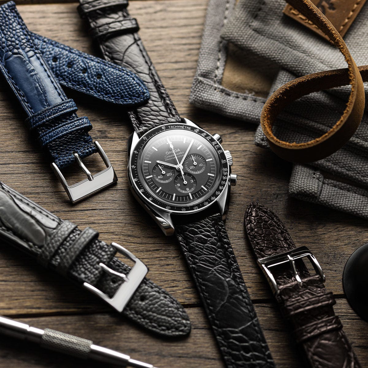 Vòng tay pour montre en cuir fait main avec jambe d'autruche Durbuy - Bleu mat