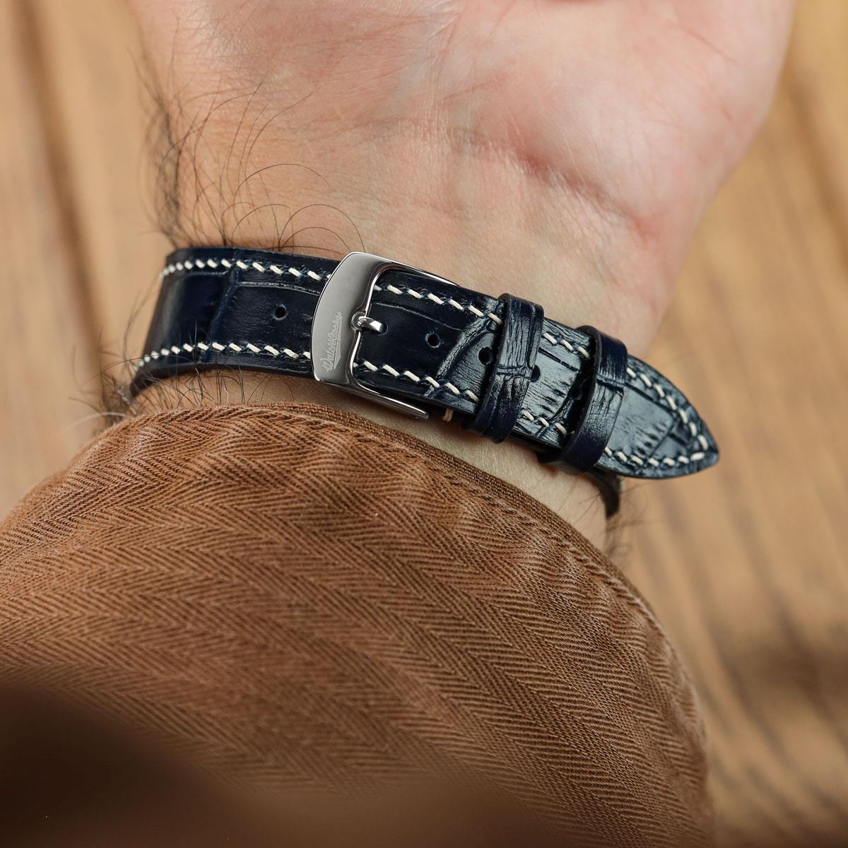 Arnem Handgefertigter Kalbsleder-Uhrenarmband mit Alligator-Design màu Navy Blau