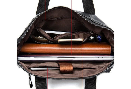 Túi đeo chéo bằng da màu đen, túi đựng laptop unisex.