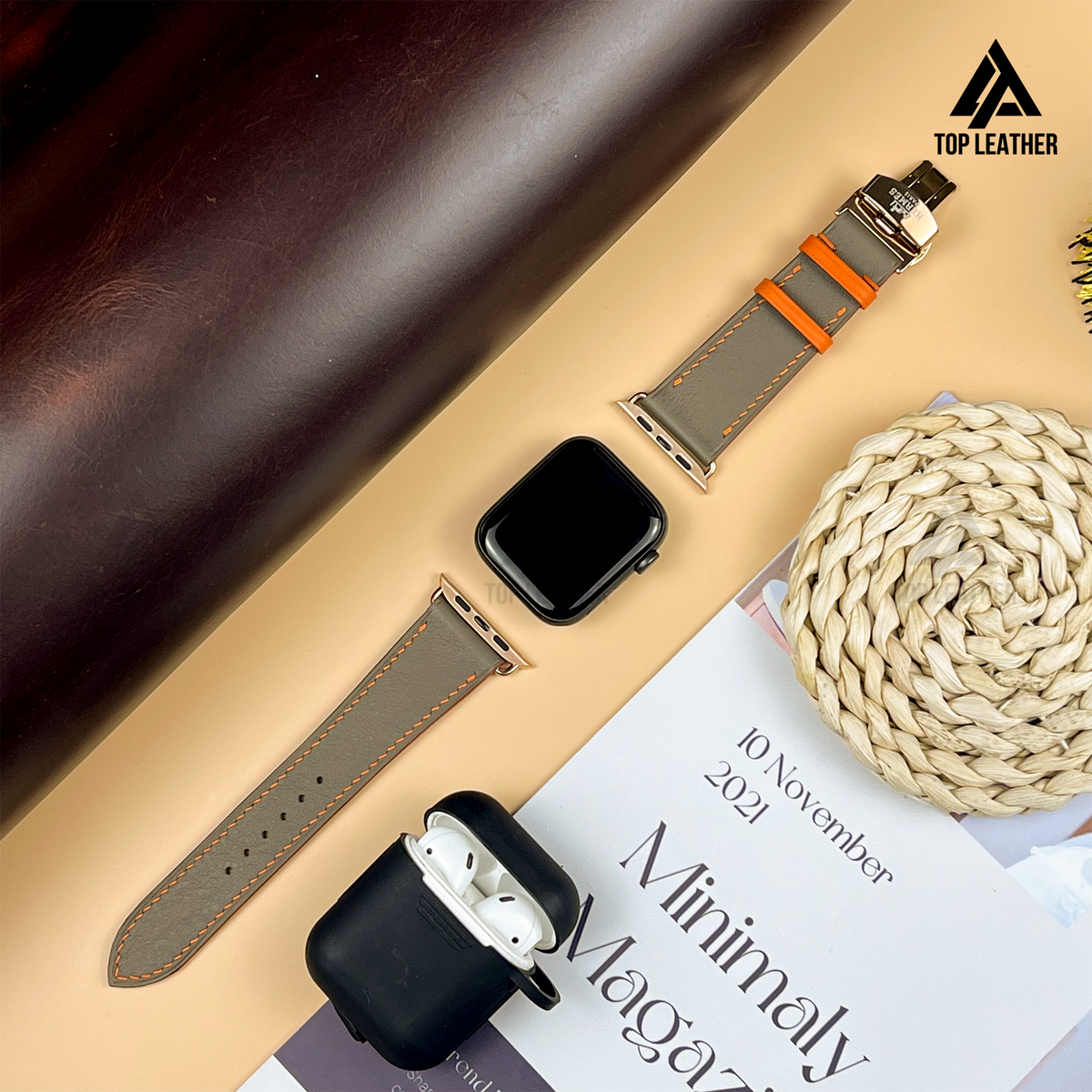 Dây đeo đồng hồ Swift bằng da dành cho Apple Watch, đồng hồ cơ - Màu xám pha cam SW08.33 