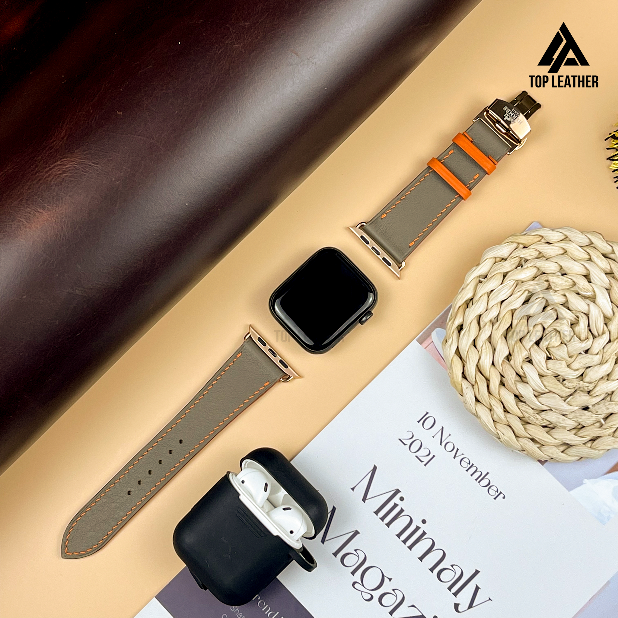 Dây đeo đồng hồ Swift bằng da dành cho Apple Watch, đồng hồ cơ - Màu xám pha cam SW08.33 