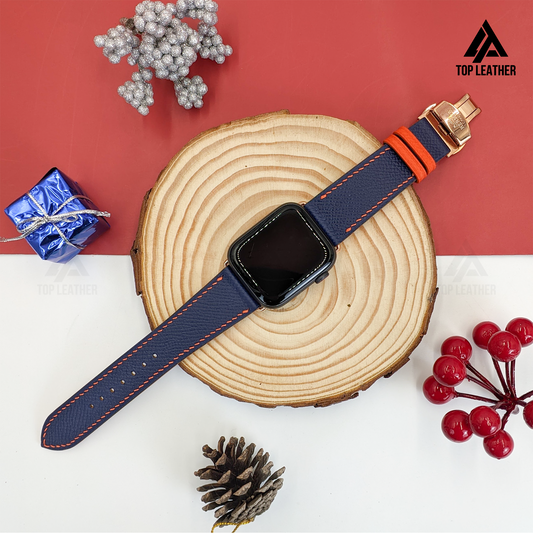 Dây đeo đồng hồ bằng da Epsom cho Apple Watch và đồng hồ cơ - Màu xanh hải quân pha chỉ cam EP01.33 