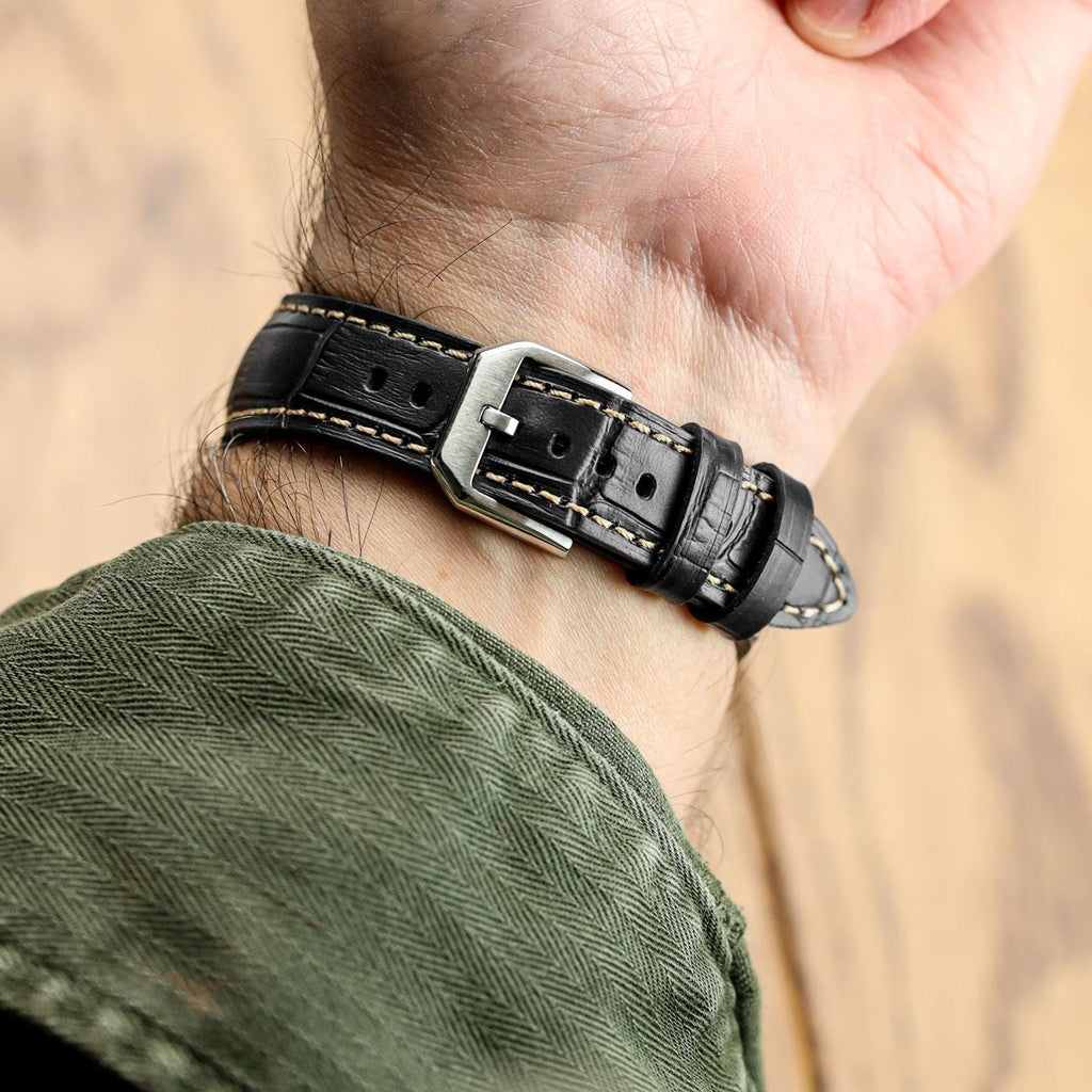 Vòng tay pour montre en cuir véritable avec họa tiết cá sấu Carolina - Noir Intense