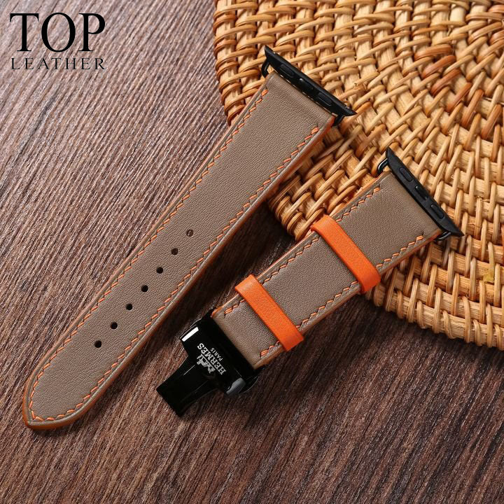 Dây đeo đồng hồ Swift bằng da dành cho Apple Watch, đồng hồ cơ - Màu xám pha cam SW08.33 