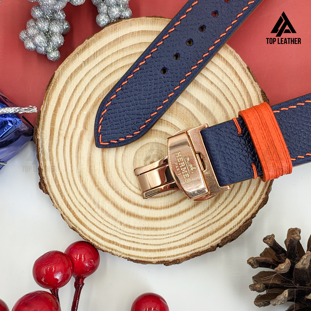Dây đeo đồng hồ bằng da Epsom cho Apple Watch và đồng hồ cơ - Màu xanh hải quân pha chỉ cam EP01.33 