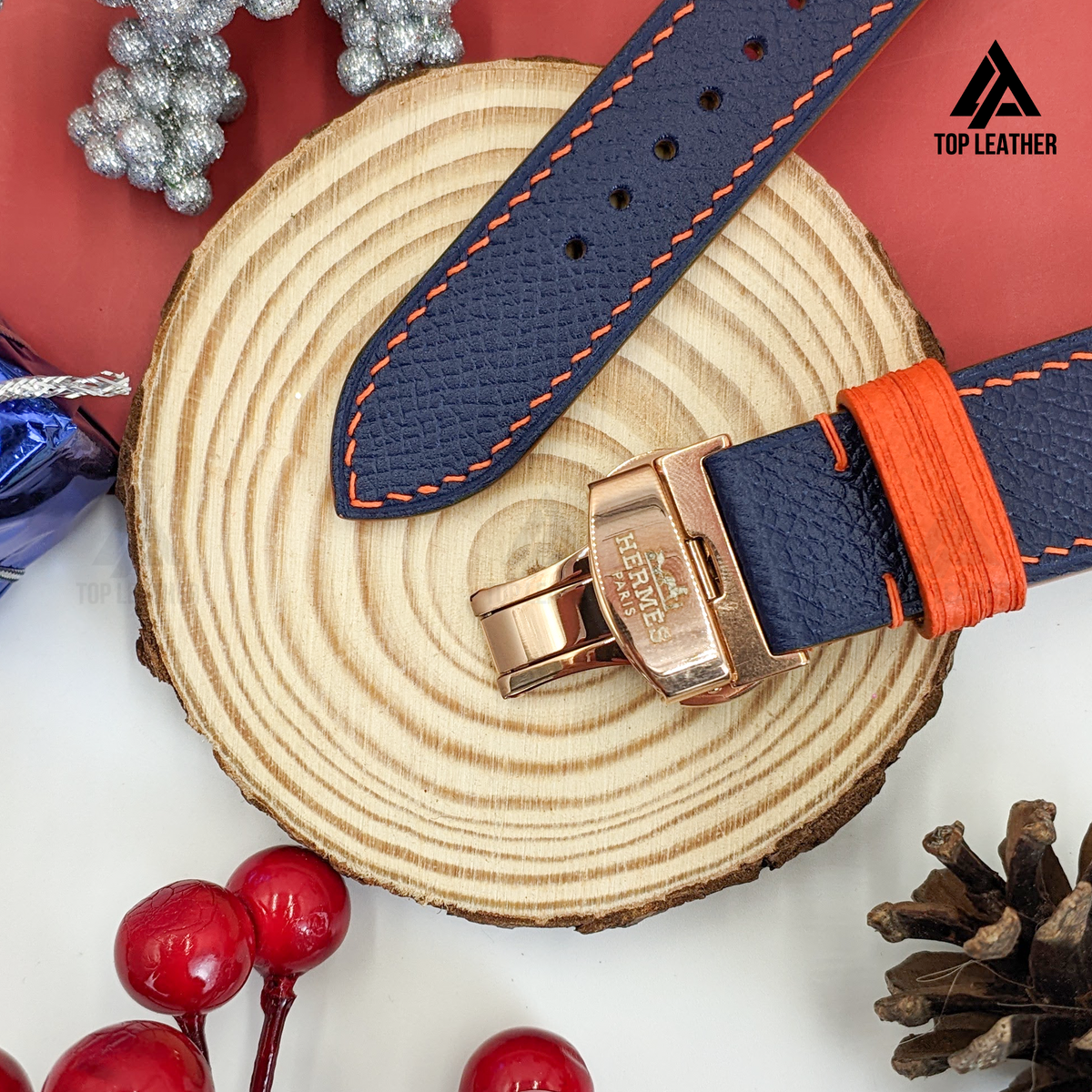 Dây đeo đồng hồ bằng da Epsom cho Apple Watch và đồng hồ cơ - Màu xanh hải quân pha chỉ cam EP01.33 