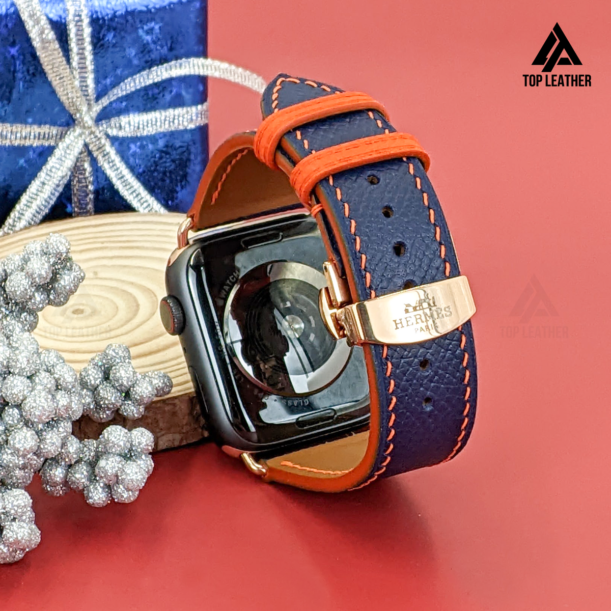 Dây đeo đồng hồ bằng da Epsom cho Apple Watch và đồng hồ cơ - Màu xanh hải quân pha chỉ cam EP01.33 