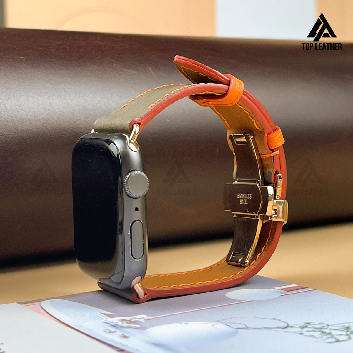 Dây đeo đồng hồ Swift bằng da dành cho Apple Watch, đồng hồ cơ - Màu xám pha cam SW08.33 