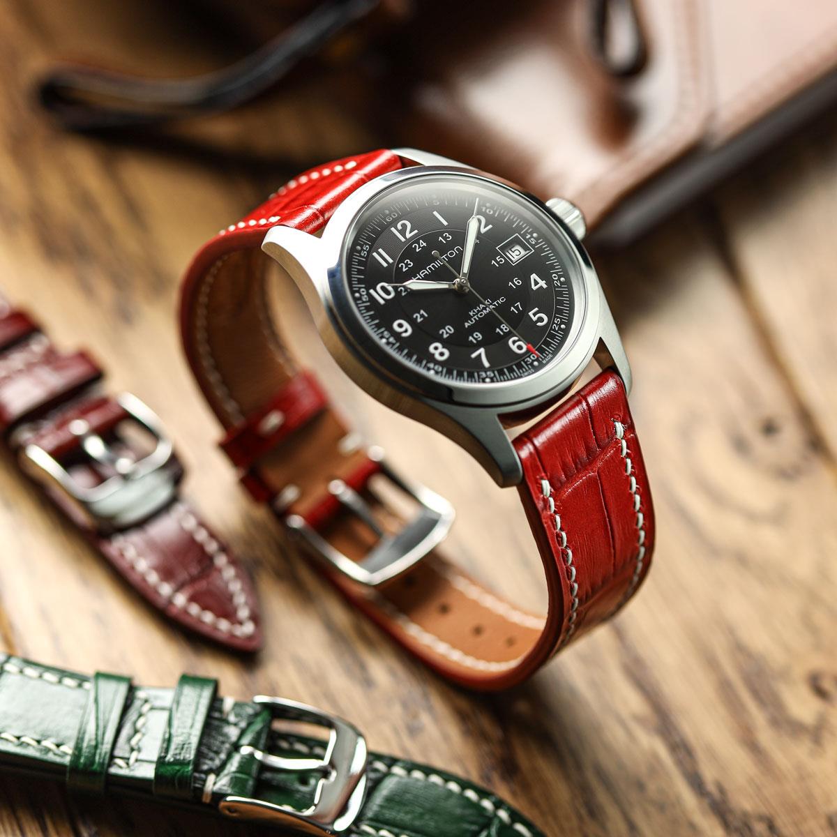 Armen Handgenähte Kalbsleder-Uhrenarmband mit Alligator-Optik ở Leuchtendem Rot