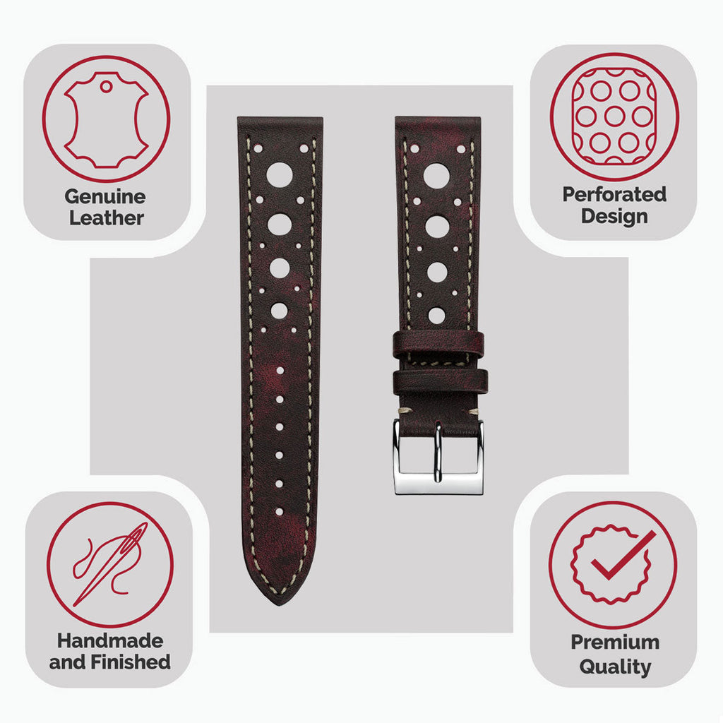 Dây đeo đồng hồ bằng da thủ công Boutsen Racing màu đỏ tía (Burgundy)
