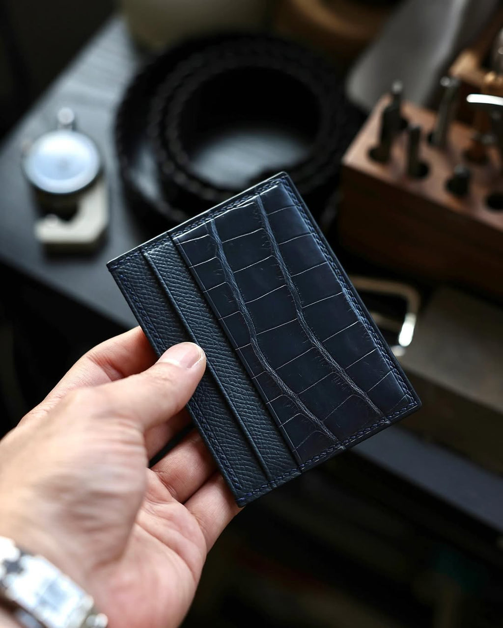 Card holder Epsom mix Cá Sấu Croc xanh navy