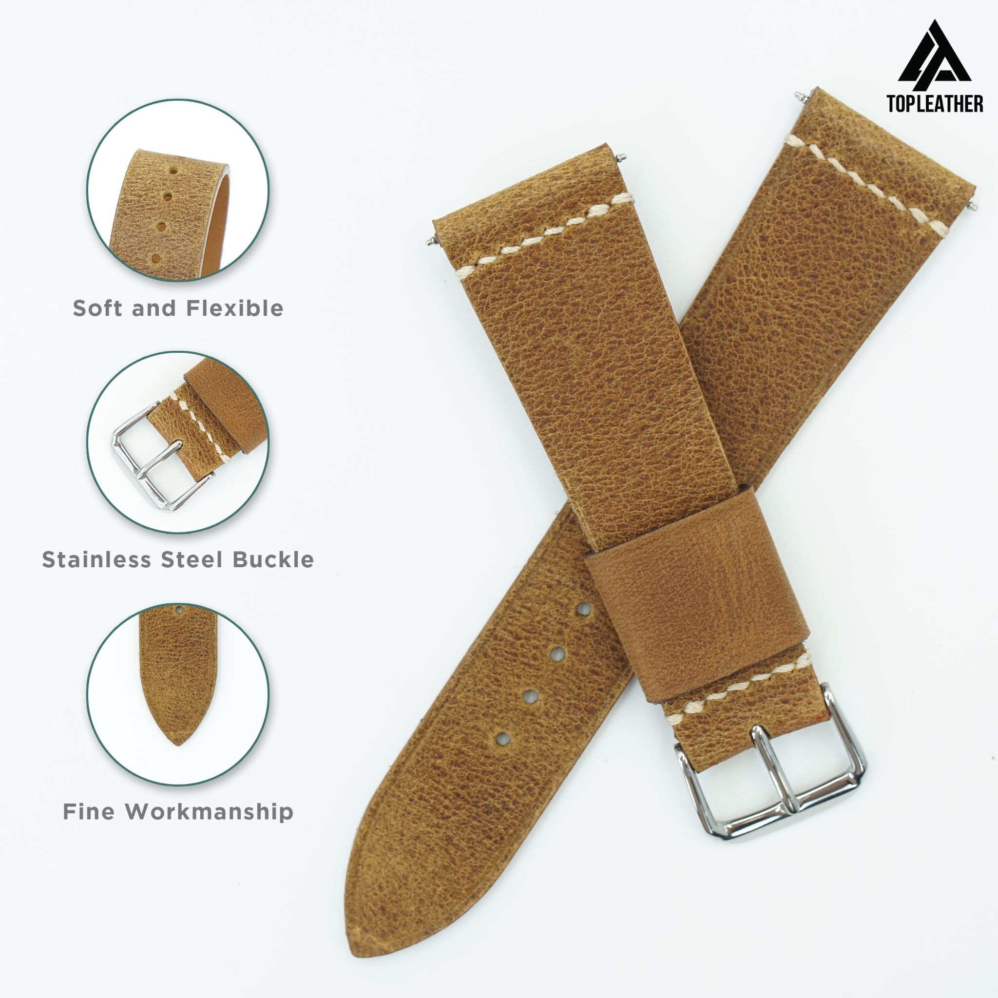 Dây đeo đồng hồ bằng da sáp Topleather - Màu nâu cà phê 