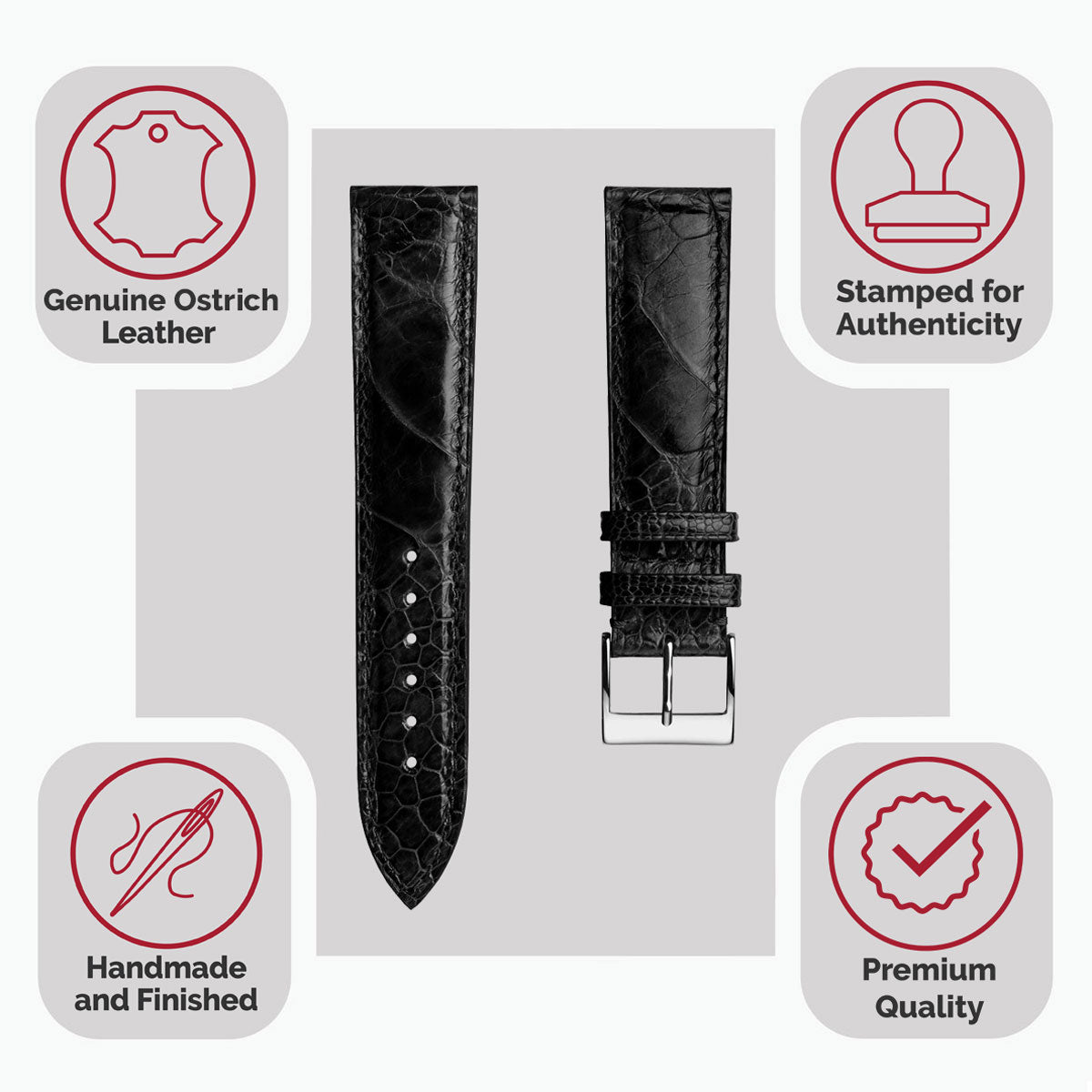 Bracelet de montre en cuir fait main avec jambe d'autruche Durbuy en noir rực rỡ