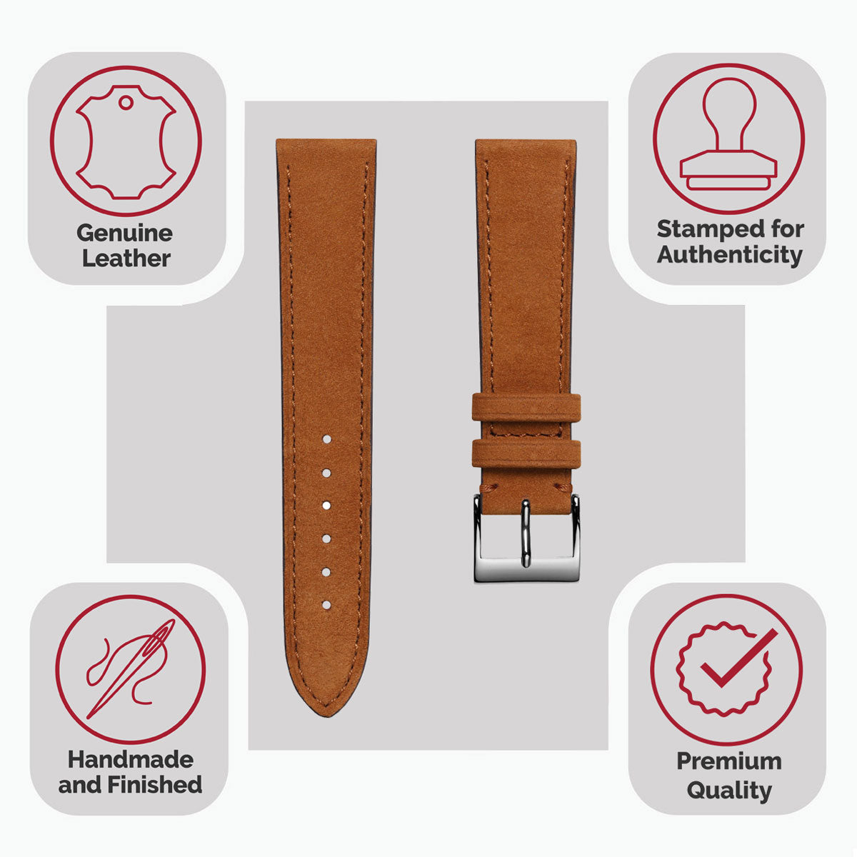 Dây đeo đồng hồ Mozet bằng da nubuck phẳng, làm thủ công - Màu Cognac