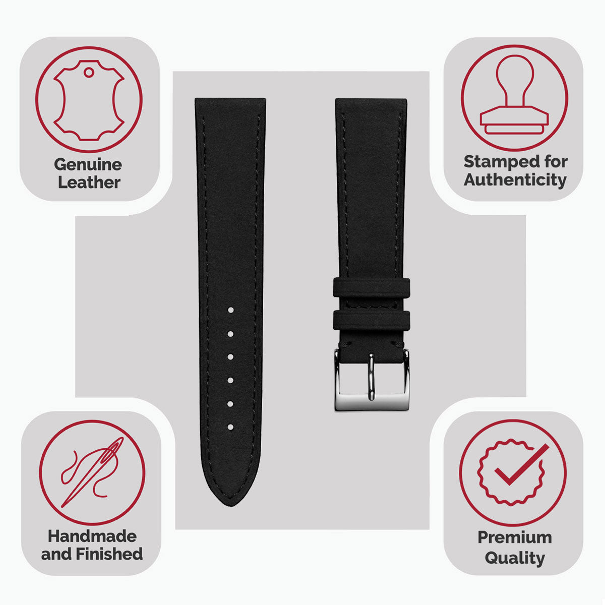 Foulard à semelle Plate en nubuck et cuir fait main - Bracelet de montre noir