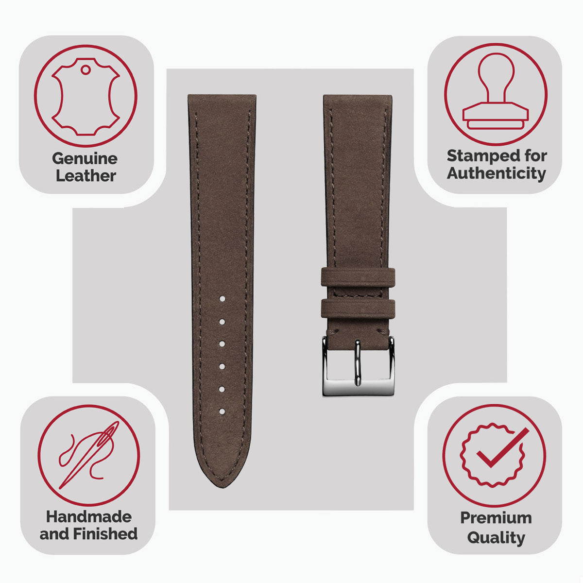 Dây đeo đồng hồ da nubuck phẳng thủ công Mozet - Màu nâu xám