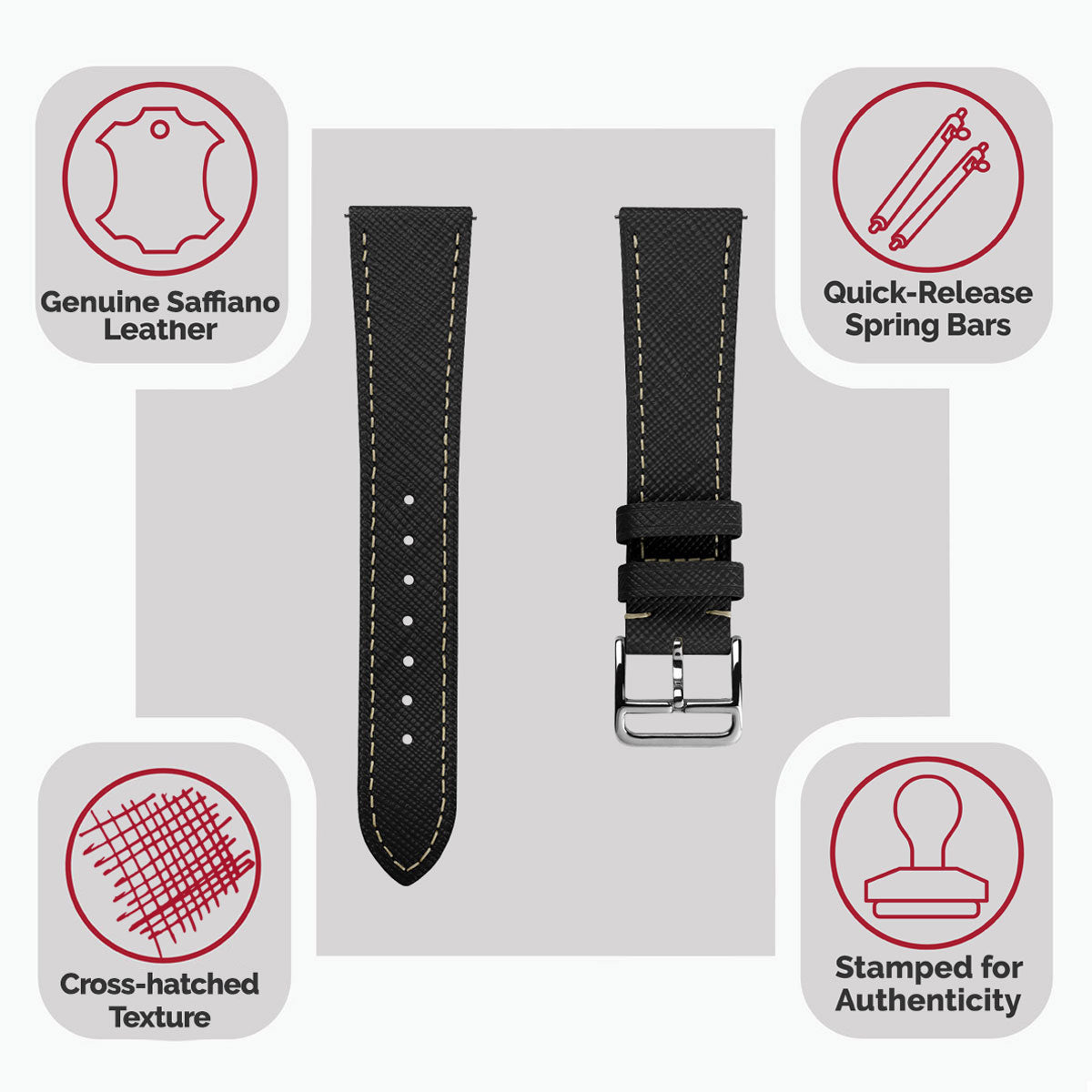 Vòng tay montre và cuir Saffiano Brixham Noir Élégant