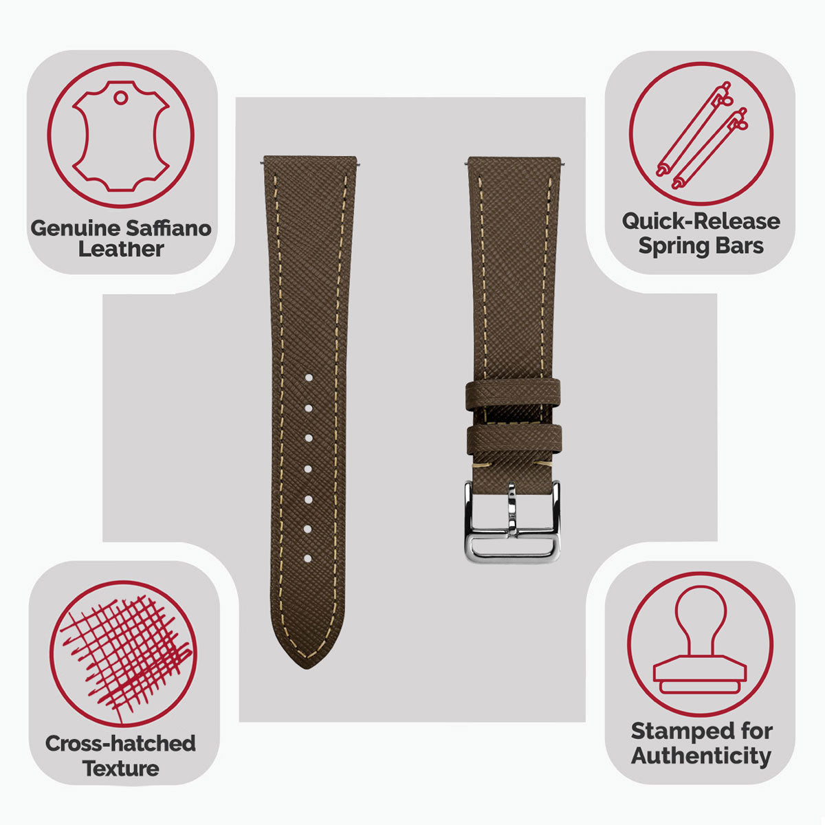 Vòng tay pour montre en cuir saffiano Brixham marron élégante et bền