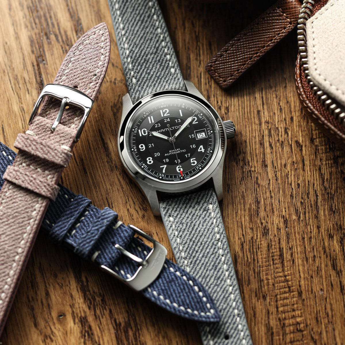 Arbor Handgenähte Denim-Design Echtes Leder Uhrenarmband - Quartz Rosa