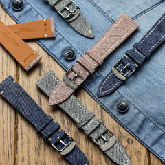 Dây đeo đồng hồ Arbour V-Stitch bằng vải denim và da thật, máy quartz, điểm nhấn màu hồng.