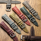 Vòng tay de montre en cuir véritable avec họa tiết cá sấu Carolina - Noir avec surpiqûres rouges