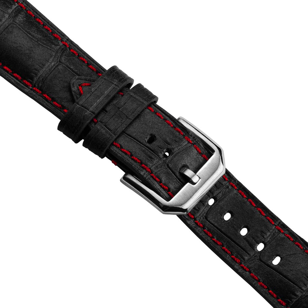 Vòng tay de montre en cuir véritable avec họa tiết cá sấu Carolina - Noir avec surpiqûres rouges