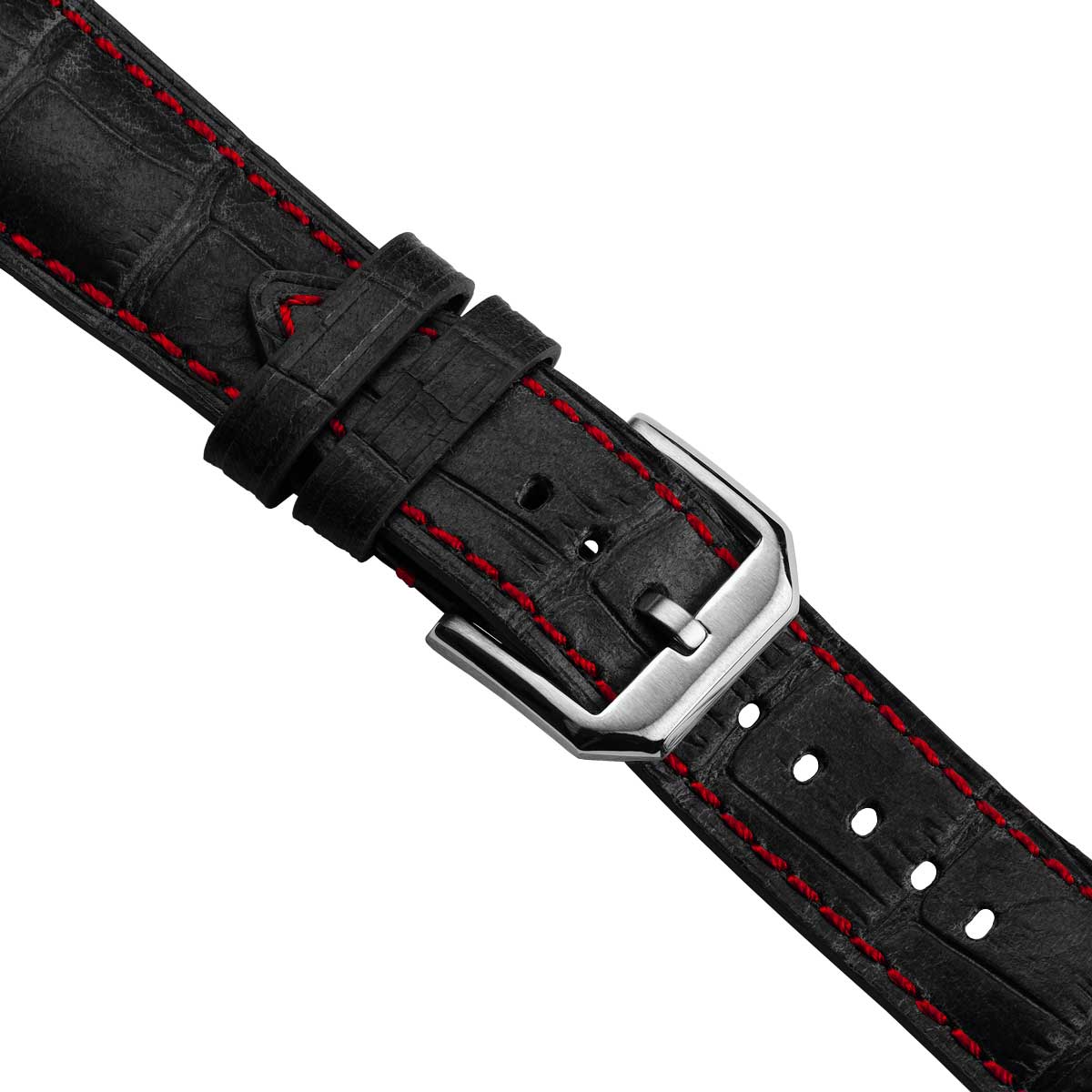 Vòng tay de montre en cuir véritable avec họa tiết cá sấu Carolina - Noir avec surpiqûres rouges