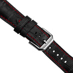 Vòng tay de montre en cuir véritable avec họa tiết cá sấu Carolina - Noir avec surpiqûres rouges