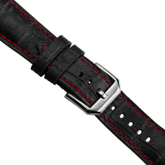 Vòng tay de montre en cuir véritable avec họa tiết cá sấu Carolina - Noir avec surpiqûres rouges
